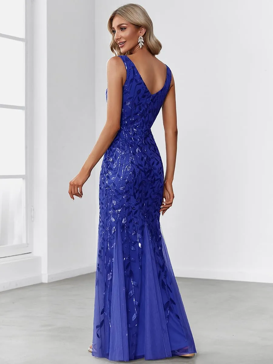 Ever-Pretty Women's Formal Dress Sequin Tulle Double V-Neck Sleeveless Mermaid Long Evening Dress 07886