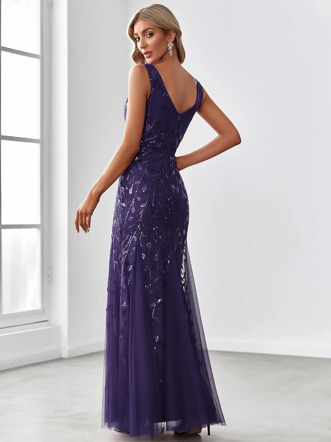 Ever-Pretty Women's Formal Dress Sequin Tulle Double V-Neck Sleeveless Mermaid Long Evening Dress 07886