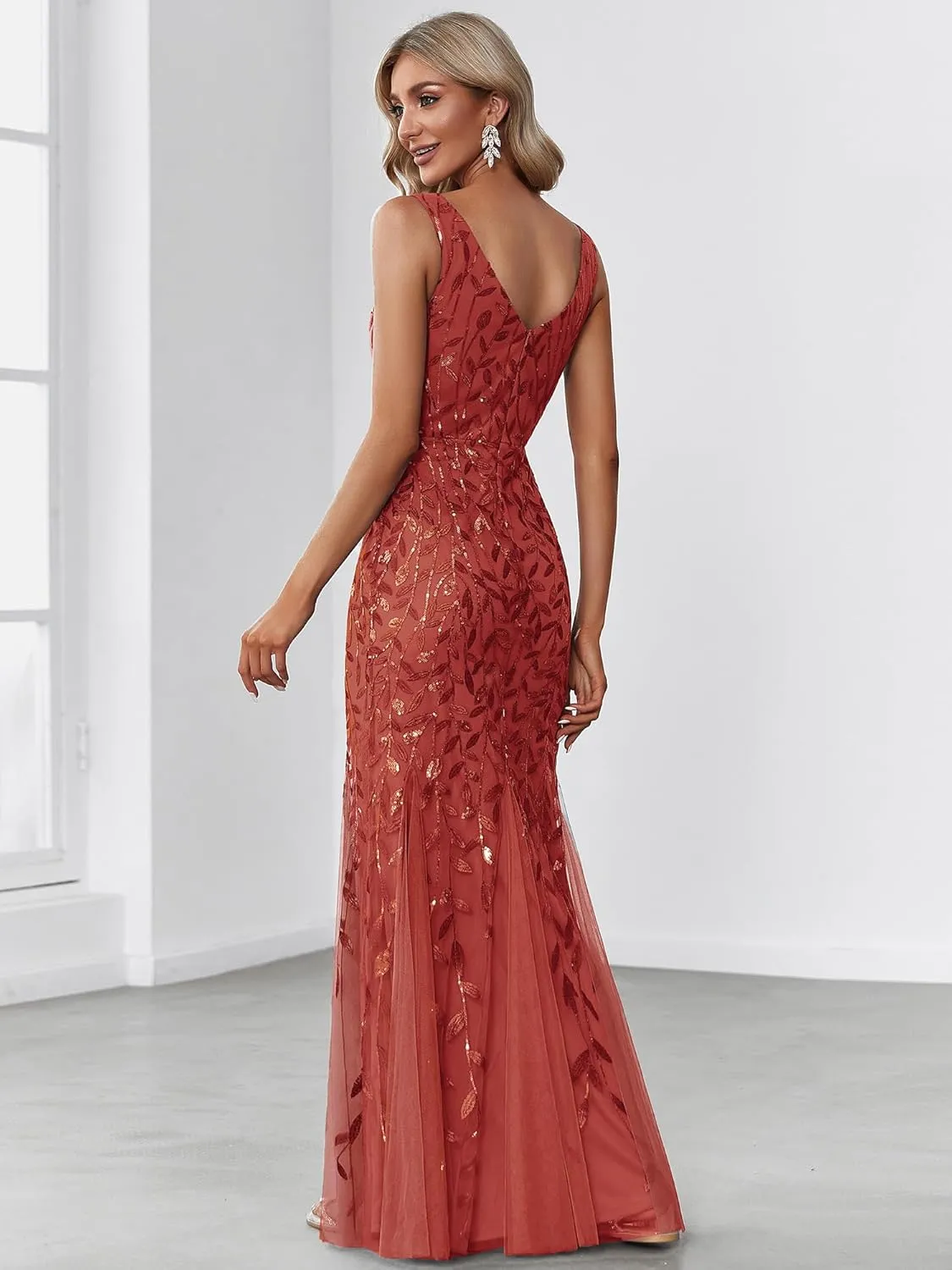 Ever-Pretty Women's Formal Dress Sequin Tulle Double V-Neck Sleeveless Mermaid Long Evening Dress 07886