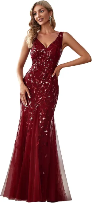 Ever-Pretty Women's Formal Dress Sequin Tulle Double V-Neck Sleeveless Mermaid Long Evening Dress 07886