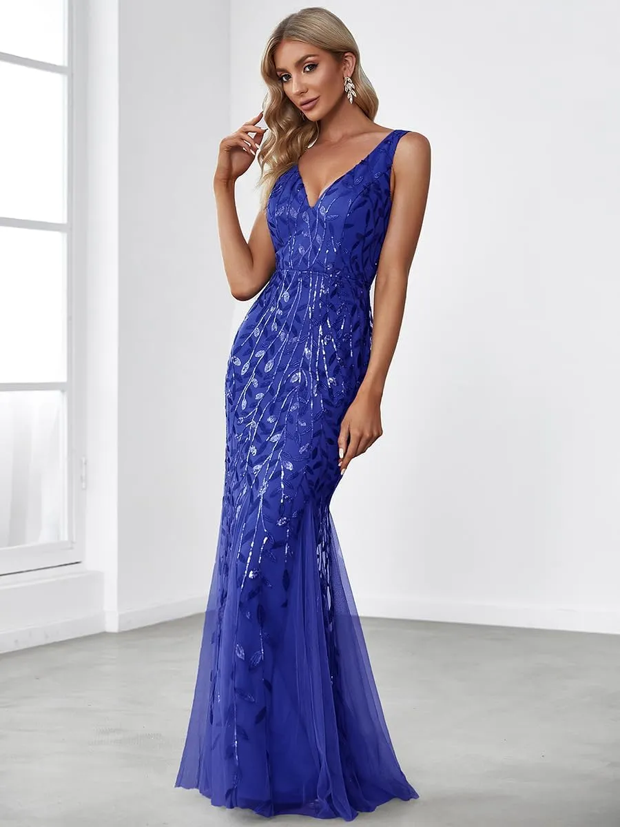 Ever-Pretty Women's Formal Dress Sequin Tulle Double V-Neck Sleeveless Mermaid Long Evening Dress 07886