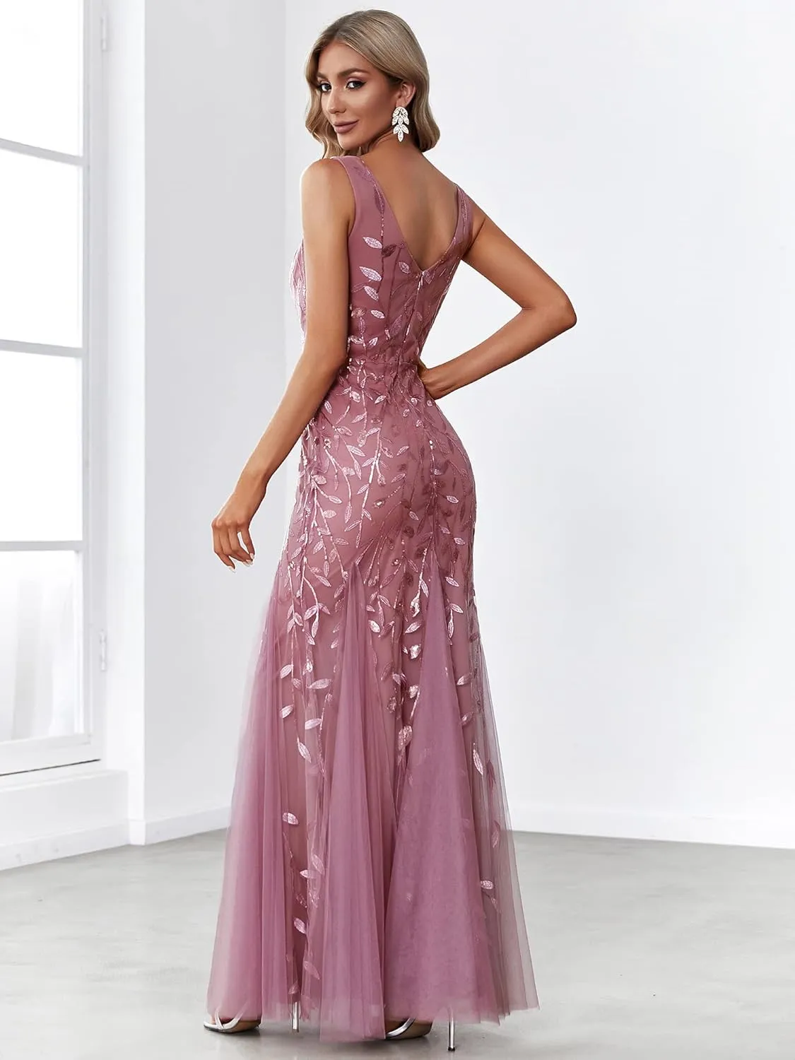Ever-Pretty Women's Formal Dress Sequin Tulle Double V-Neck Sleeveless Mermaid Long Evening Dress 07886