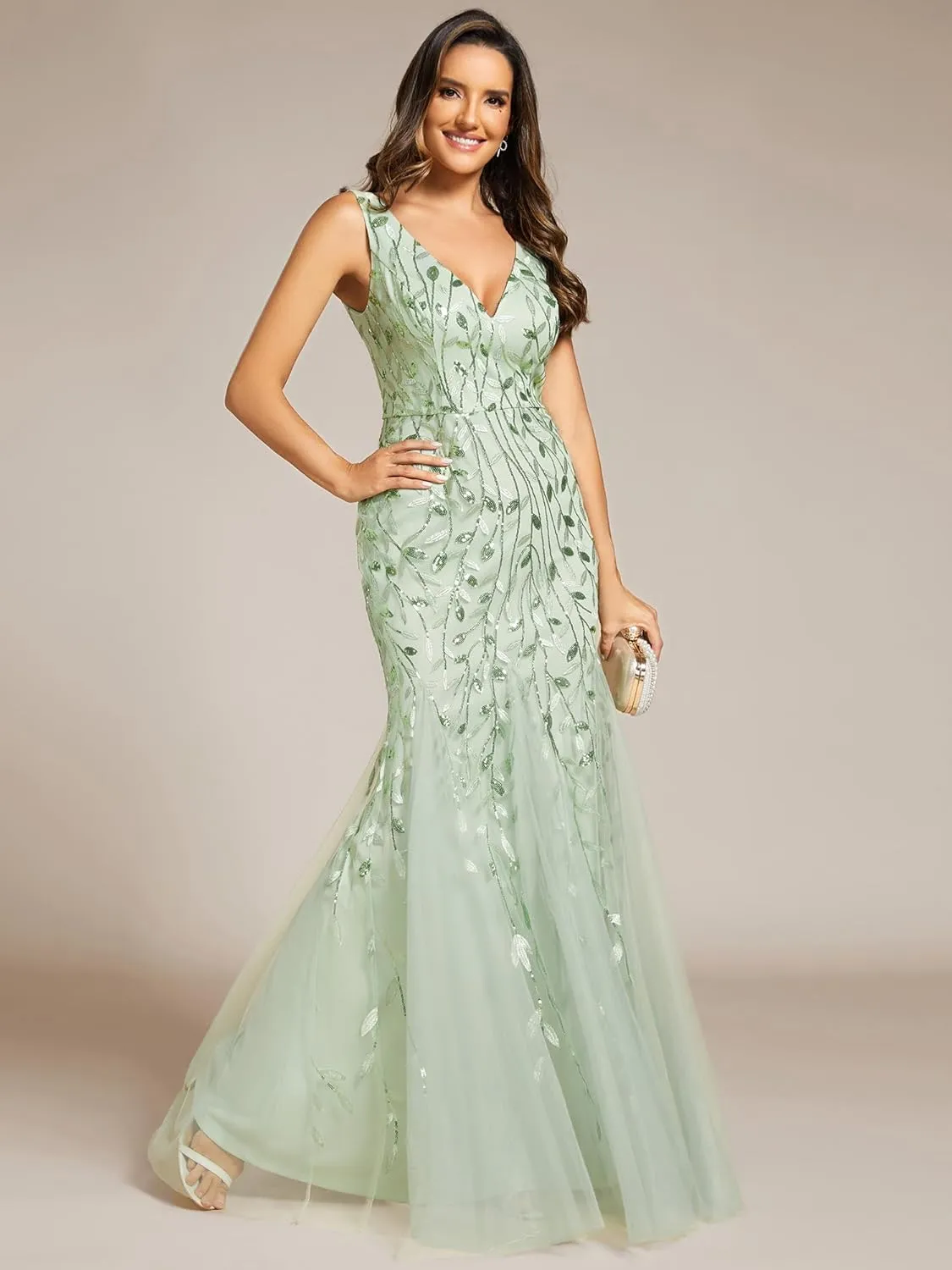 Ever-Pretty Women's Formal Dress Sequin Tulle Double V-Neck Sleeveless Mermaid Long Evening Dress 07886