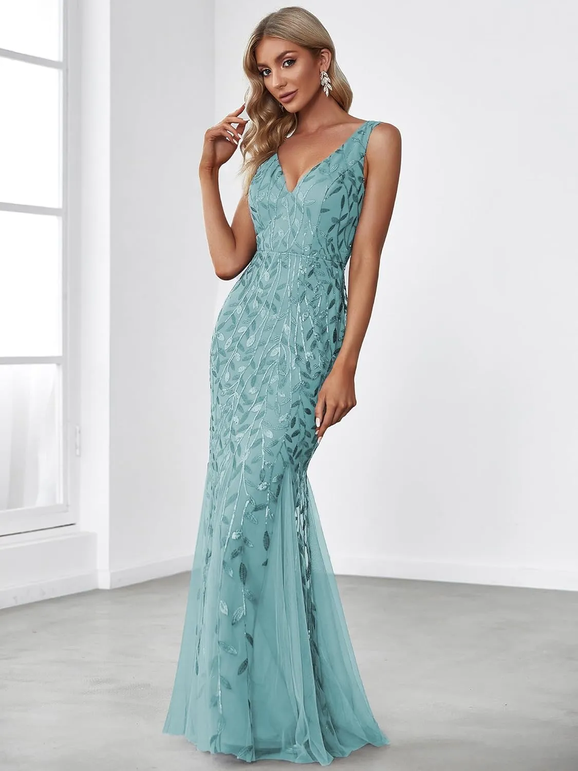 Ever-Pretty Women's Formal Dress Sequin Tulle Double V-Neck Sleeveless Mermaid Long Evening Dress 07886