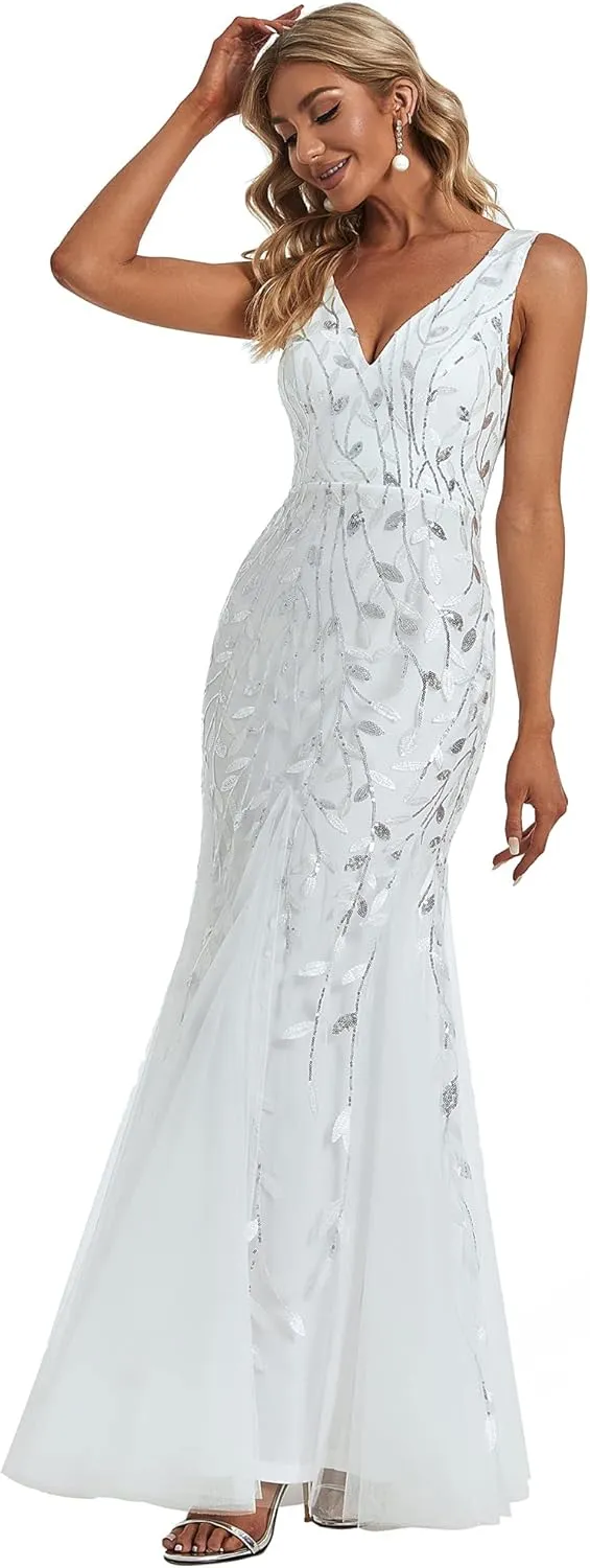 Ever-Pretty Women's Formal Dress Sequin Tulle Double V-Neck Sleeveless Mermaid Long Evening Dress 07886