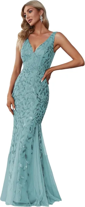 Ever-Pretty Women's Formal Dress Sequin Tulle Double V-Neck Sleeveless Mermaid Long Evening Dress 07886