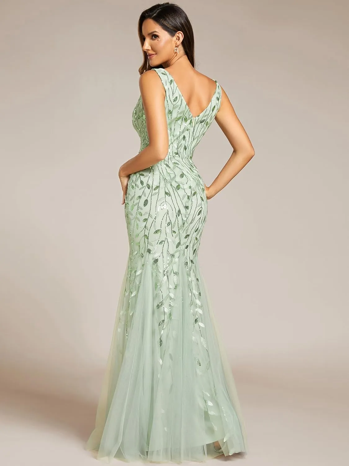 Ever-Pretty Women's Formal Dress Sequin Tulle Double V-Neck Sleeveless Mermaid Long Evening Dress 07886