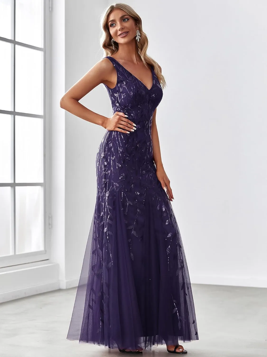 Ever-Pretty Women's Formal Dress Sequin Tulle Double V-Neck Sleeveless Mermaid Long Evening Dress 07886