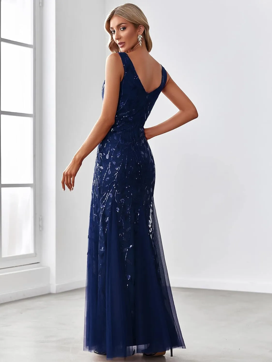Ever-Pretty Women's Formal Dress Sequin Tulle Double V-Neck Sleeveless Mermaid Long Evening Dress 07886