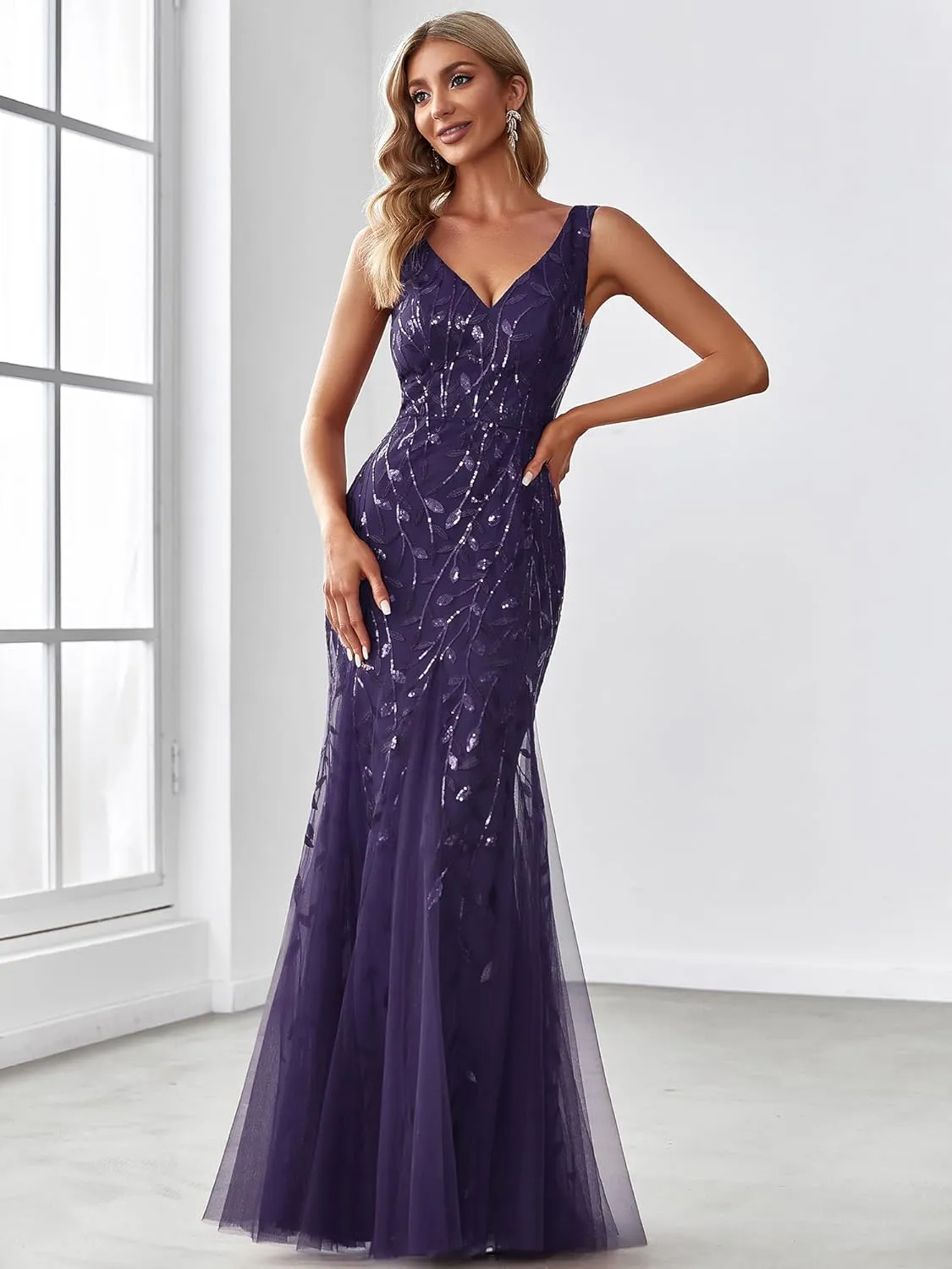 Ever-Pretty Women's Formal Dress Sequin Tulle Double V-Neck Sleeveless Mermaid Long Evening Dress 07886