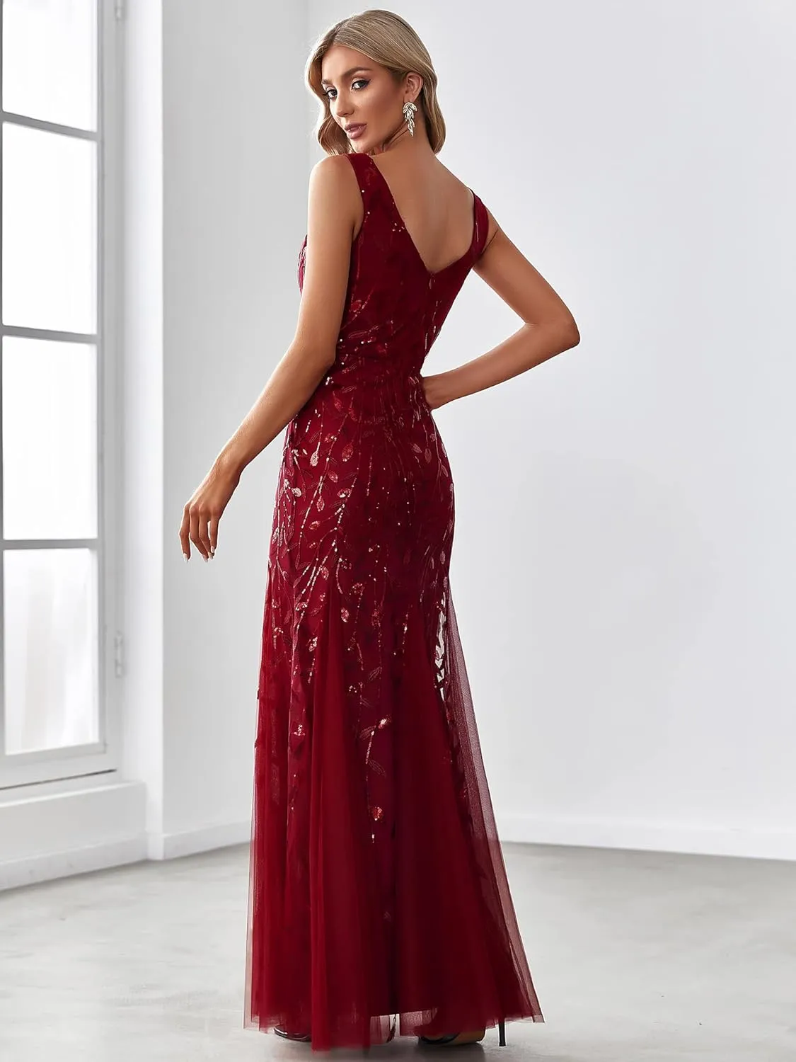 Ever-Pretty Women's Formal Dress Sequin Tulle Double V-Neck Sleeveless Mermaid Long Evening Dress 07886