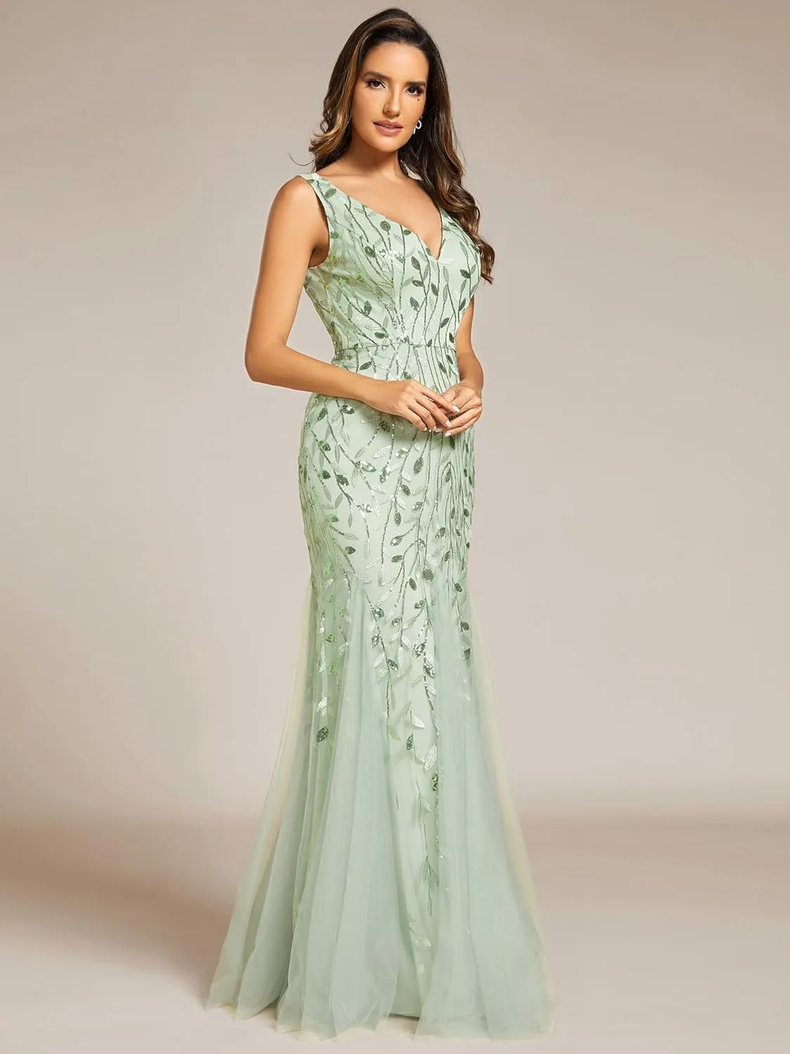Ever-Pretty Women's Formal Dress Sequin Tulle Double V-Neck Sleeveless Mermaid Long Evening Dress 07886