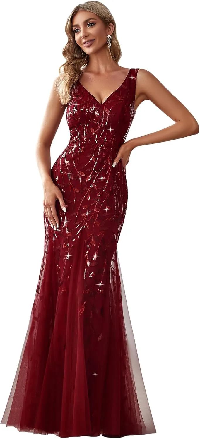 Ever-Pretty Women's Formal Dress Sequin Tulle Double V-Neck Sleeveless Mermaid Long Evening Dress 07886