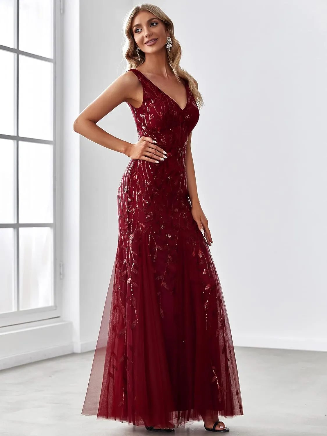 Ever-Pretty Women's Formal Dress Sequin Tulle Double V-Neck Sleeveless Mermaid Long Evening Dress 07886