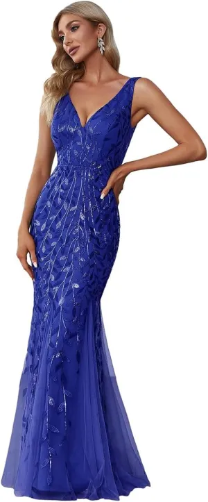 Ever-Pretty Women's Formal Dress Sequin Tulle Double V-Neck Sleeveless Mermaid Long Evening Dress 07886