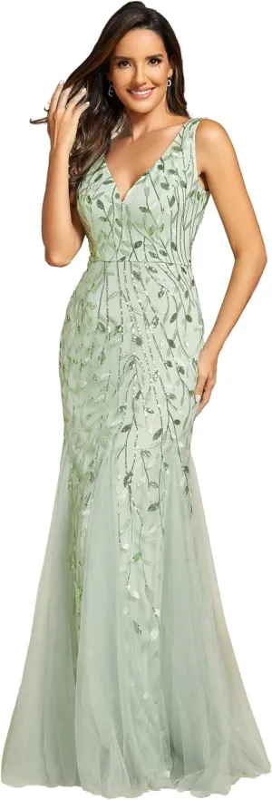 Ever-Pretty Women's Formal Dress Sequin Tulle Double V-Neck Sleeveless Mermaid Long Evening Dress 07886