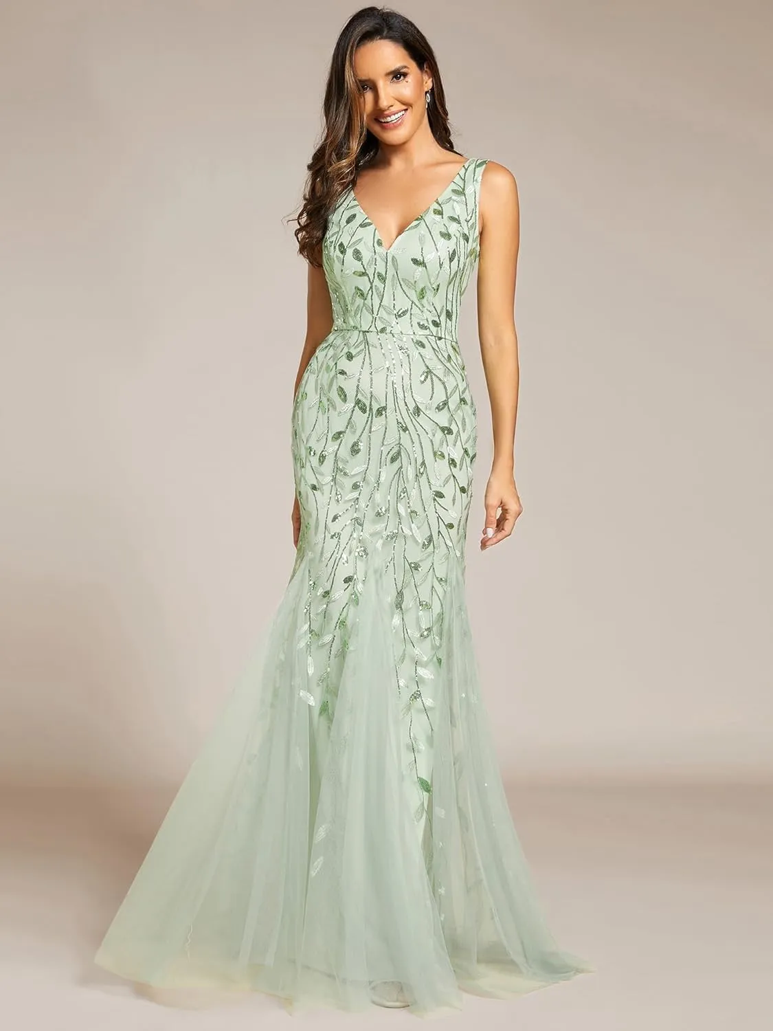 Ever-Pretty Women's Formal Dress Sequin Tulle Double V-Neck Sleeveless Mermaid Long Evening Dress 07886