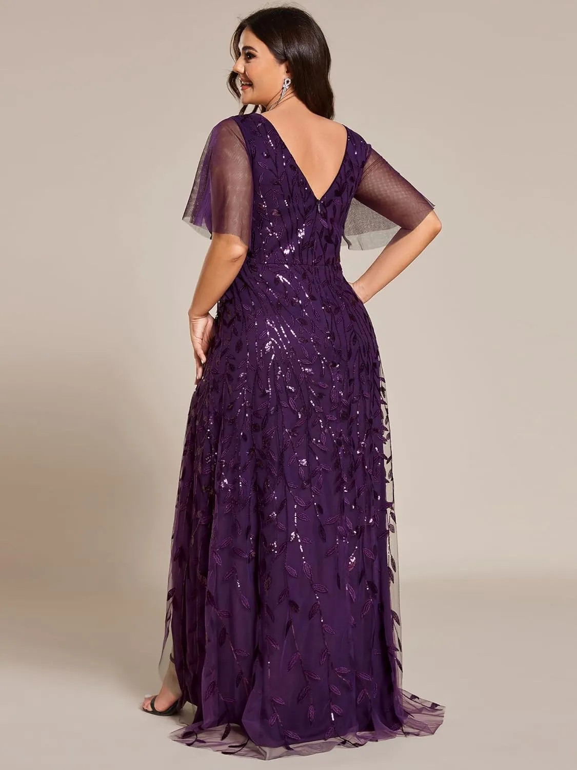 Ever-Pretty Women's Plus Size Gorgeous A Line Side Slit Sequin Embroidered Formal Evening Dress with Sleeves 02083-DA