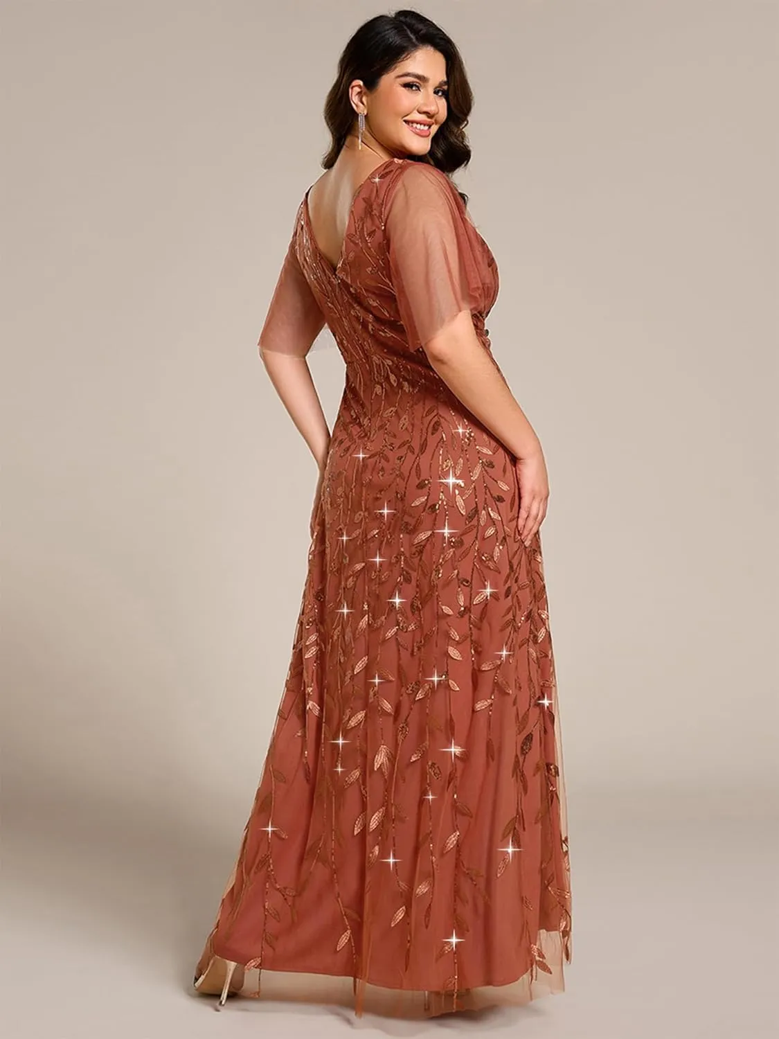 Ever-Pretty Women's Plus Size Gorgeous A Line Side Slit Sequin Embroidered Formal Evening Dress with Sleeves 02083-DA