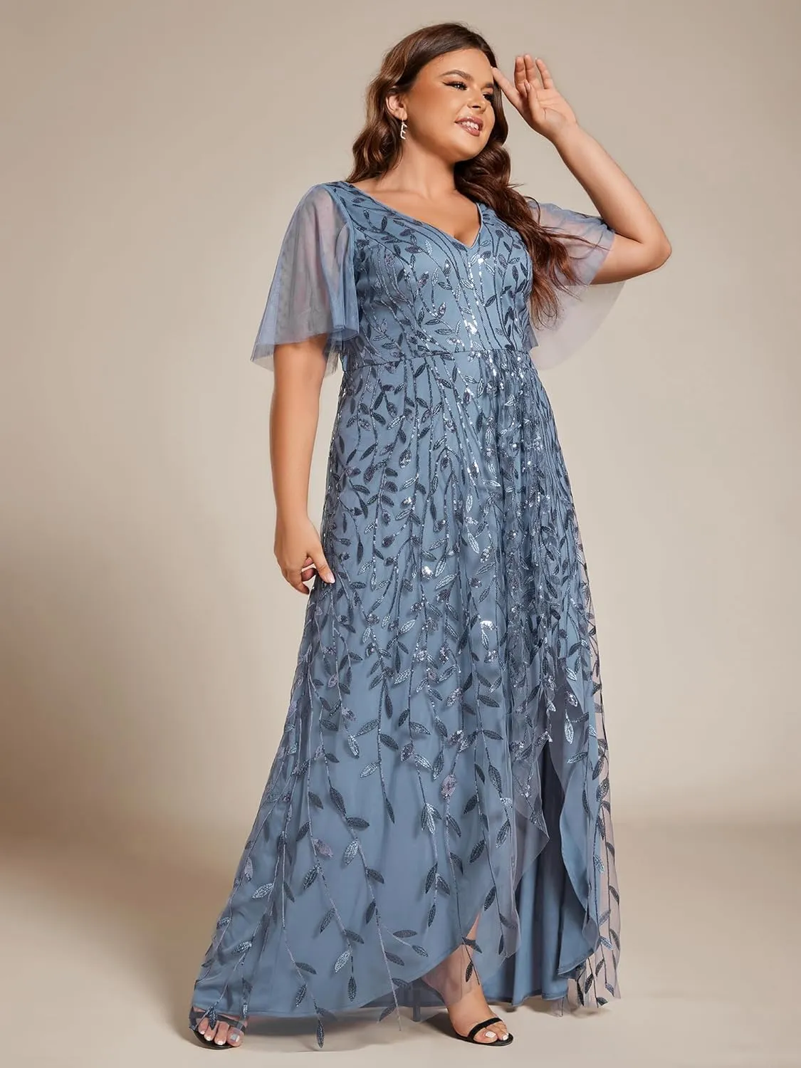 Ever-Pretty Women's Plus Size Gorgeous A Line Side Slit Sequin Embroidered Formal Evening Dress with Sleeves 02083-DA