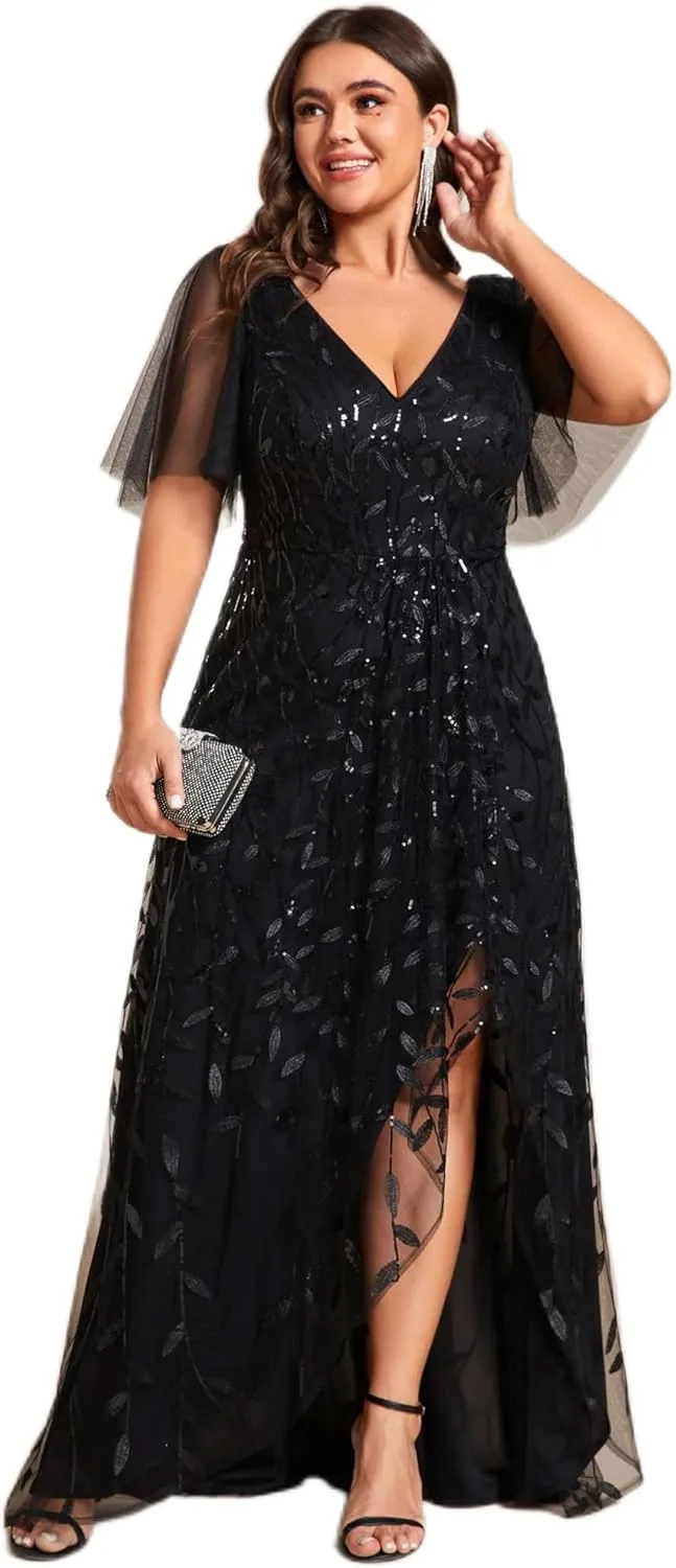 Ever-Pretty Women's Plus Size Gorgeous A Line Side Slit Sequin Embroidered Formal Evening Dress with Sleeves 02083-DA