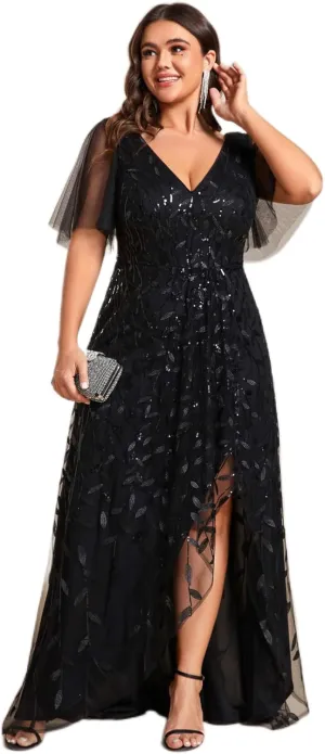 Ever-Pretty Women's Plus Size Gorgeous A Line Side Slit Sequin Embroidered Formal Evening Dress with Sleeves 02083-DA