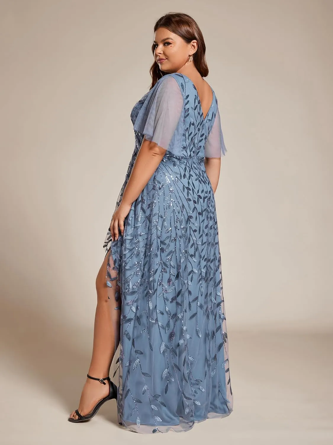 Ever-Pretty Women's Plus Size Gorgeous A Line Side Slit Sequin Embroidered Formal Evening Dress with Sleeves 02083-DA