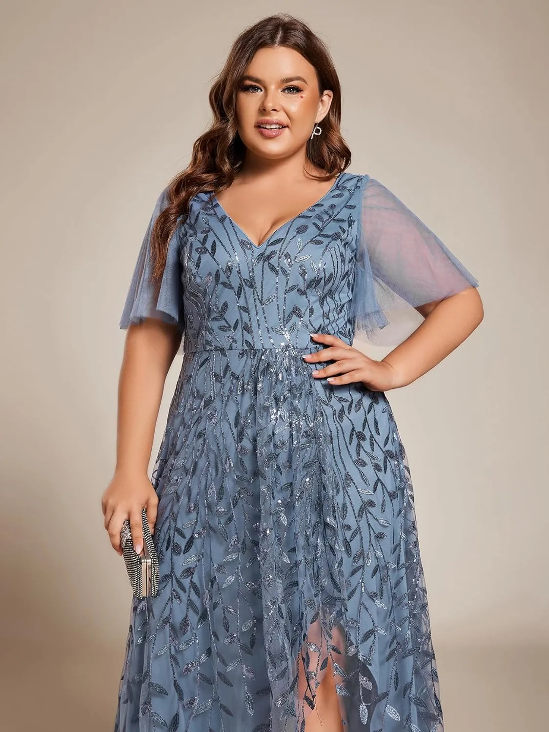 Ever-Pretty Women's Plus Size Gorgeous A Line Side Slit Sequin Embroidered Formal Evening Dress with Sleeves 02083-DA