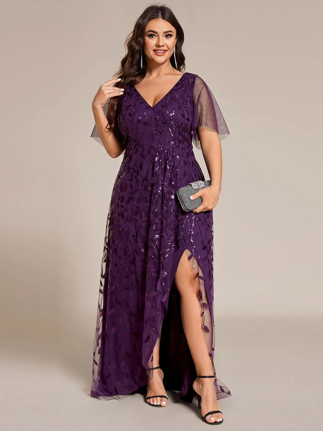 Ever-Pretty Women's Plus Size Gorgeous A Line Side Slit Sequin Embroidered Formal Evening Dress with Sleeves 02083-DA