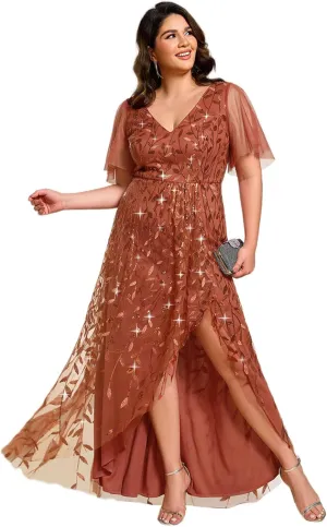 Ever-Pretty Women's Plus Size Gorgeous A Line Side Slit Sequin Embroidered Formal Evening Dress with Sleeves 02083-DA