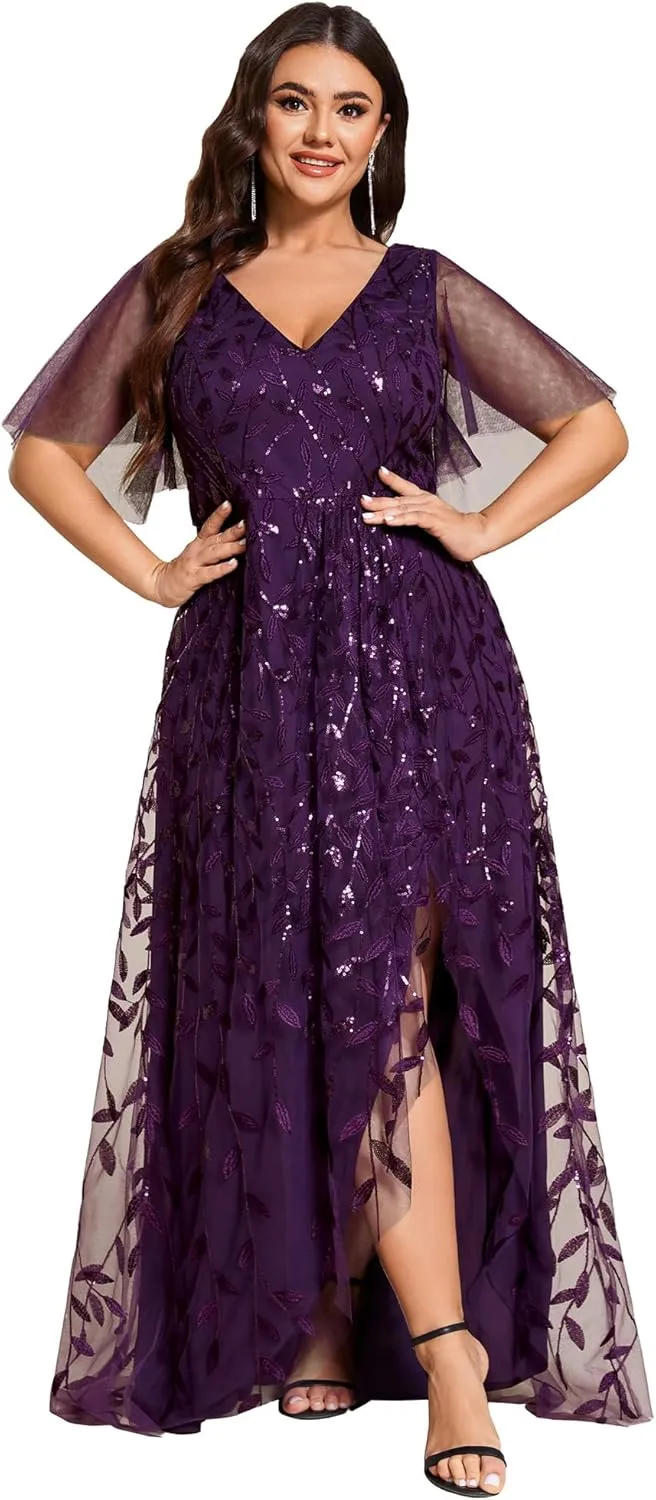 Ever-Pretty Women's Plus Size Gorgeous A Line Side Slit Sequin Embroidered Formal Evening Dress with Sleeves 02083-DA