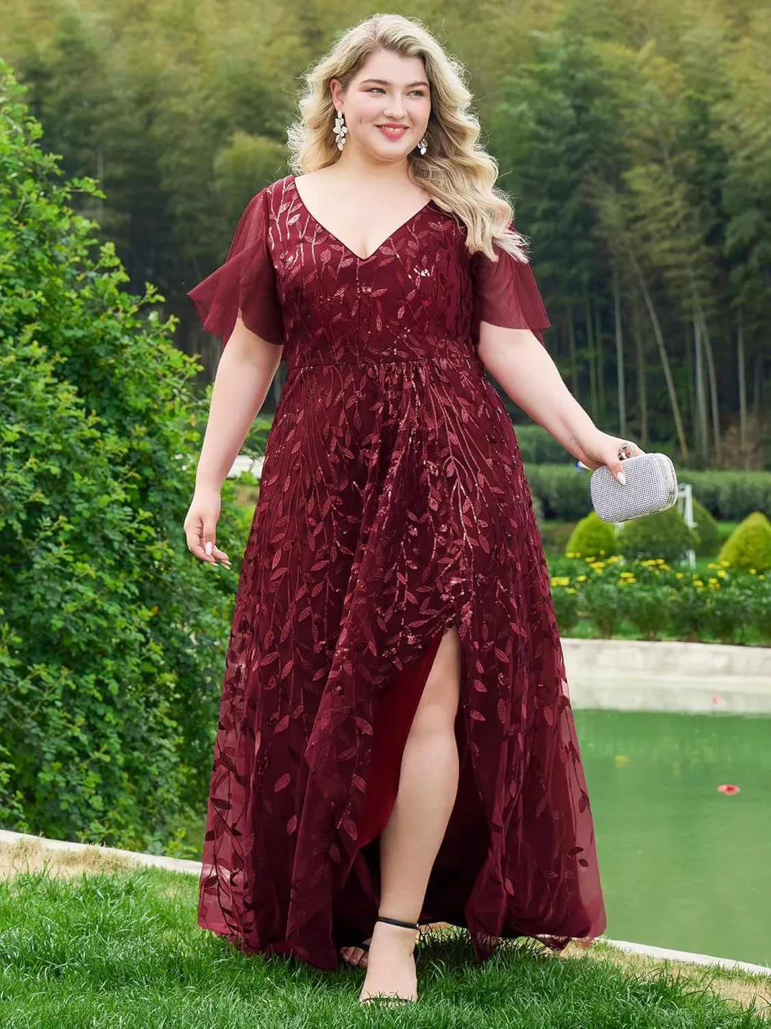 Ever-Pretty Women's Plus Size Gorgeous A Line Side Slit Sequin Embroidered Formal Evening Dress with Sleeves 02083-DA