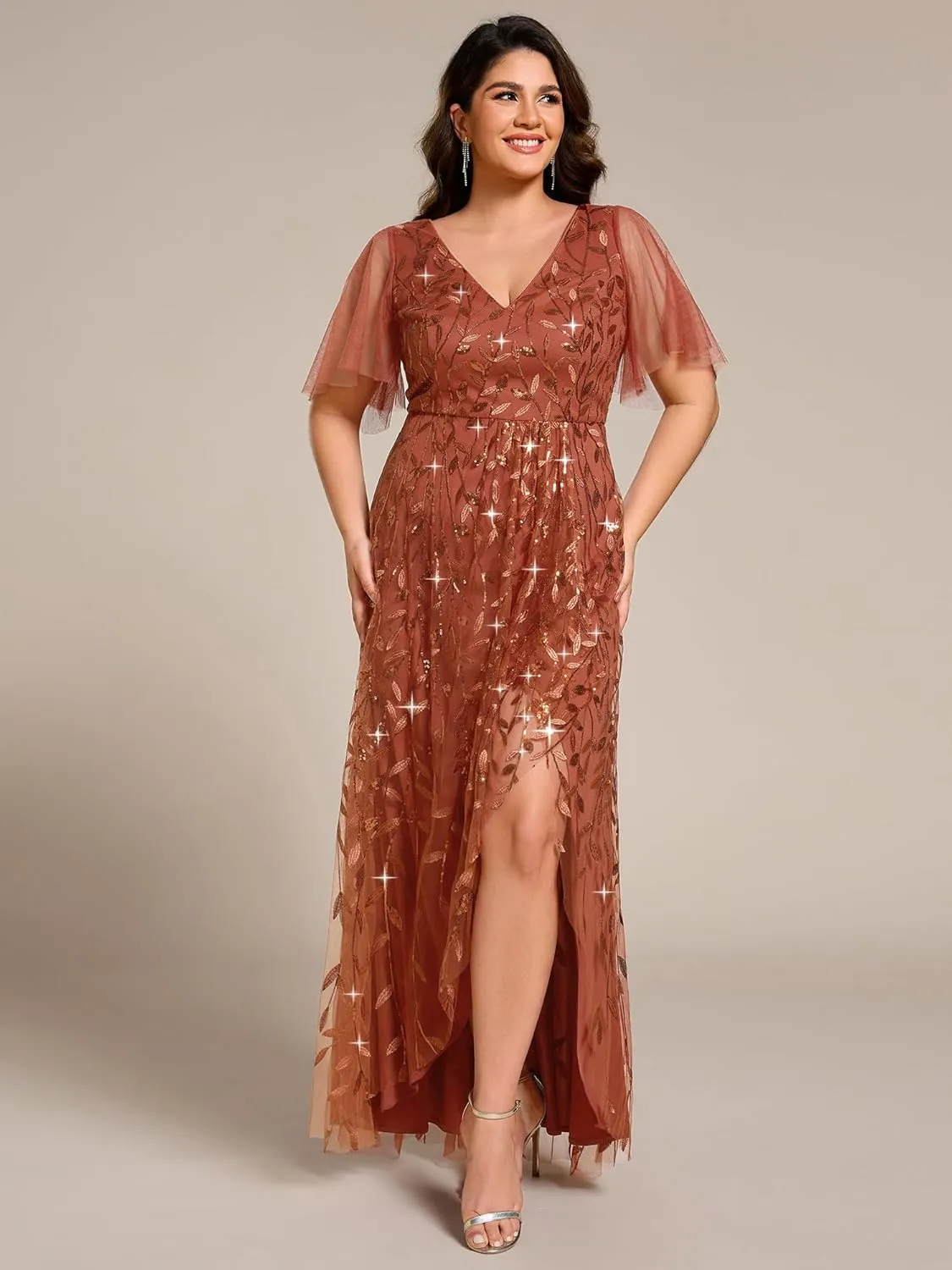 Ever-Pretty Women's Plus Size Gorgeous A Line Side Slit Sequin Embroidered Formal Evening Dress with Sleeves 02083-DA