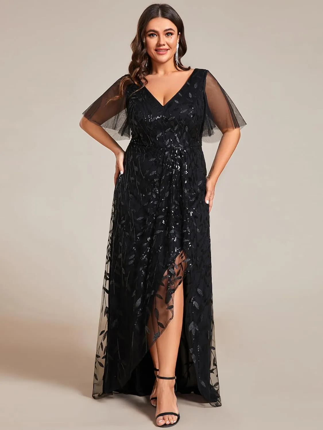 Ever-Pretty Women's Plus Size Gorgeous A Line Side Slit Sequin Embroidered Formal Evening Dress with Sleeves 02083-DA