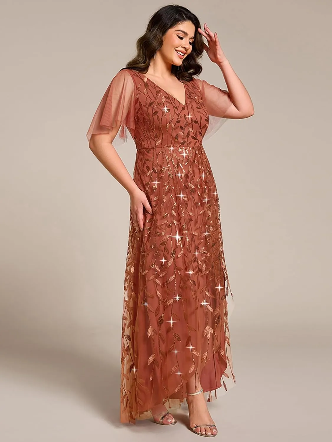 Ever-Pretty Women's Plus Size Gorgeous A Line Side Slit Sequin Embroidered Formal Evening Dress with Sleeves 02083-DA