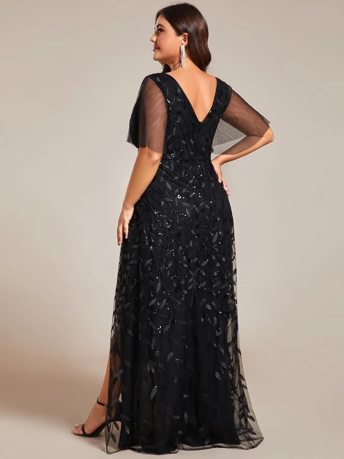 Ever-Pretty Women's Plus Size Gorgeous A Line Side Slit Sequin Embroidered Formal Evening Dress with Sleeves 02083-DA