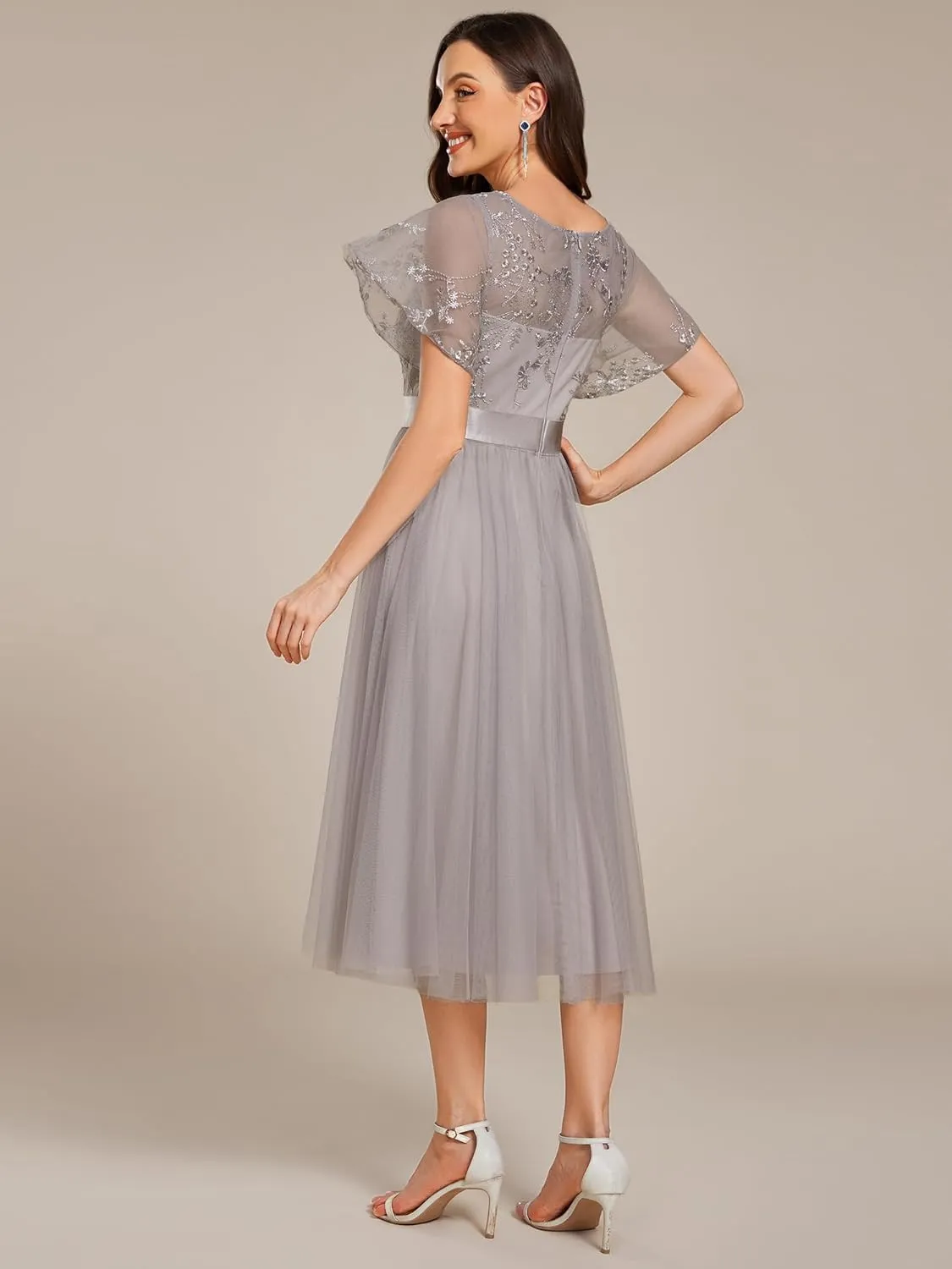 Ever-Pretty Women's Round Neck Lace Embroidered Short Sleeve A Line Tea-Length Cocktail Dress 02293