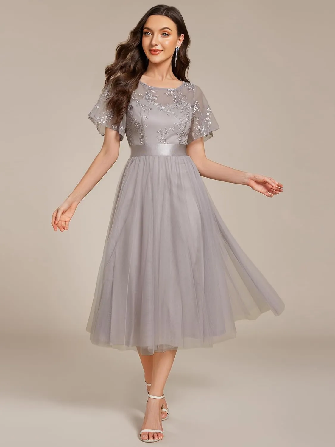 Ever-Pretty Women's Round Neck Lace Embroidered Short Sleeve A Line Tea-Length Cocktail Dress 02293