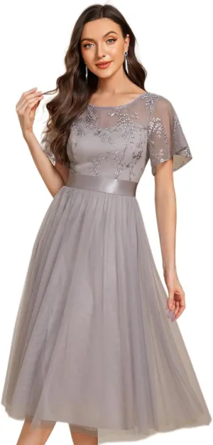 Ever-Pretty Women's Round Neck Lace Embroidered Short Sleeve A Line Tea-Length Cocktail Dress 02293