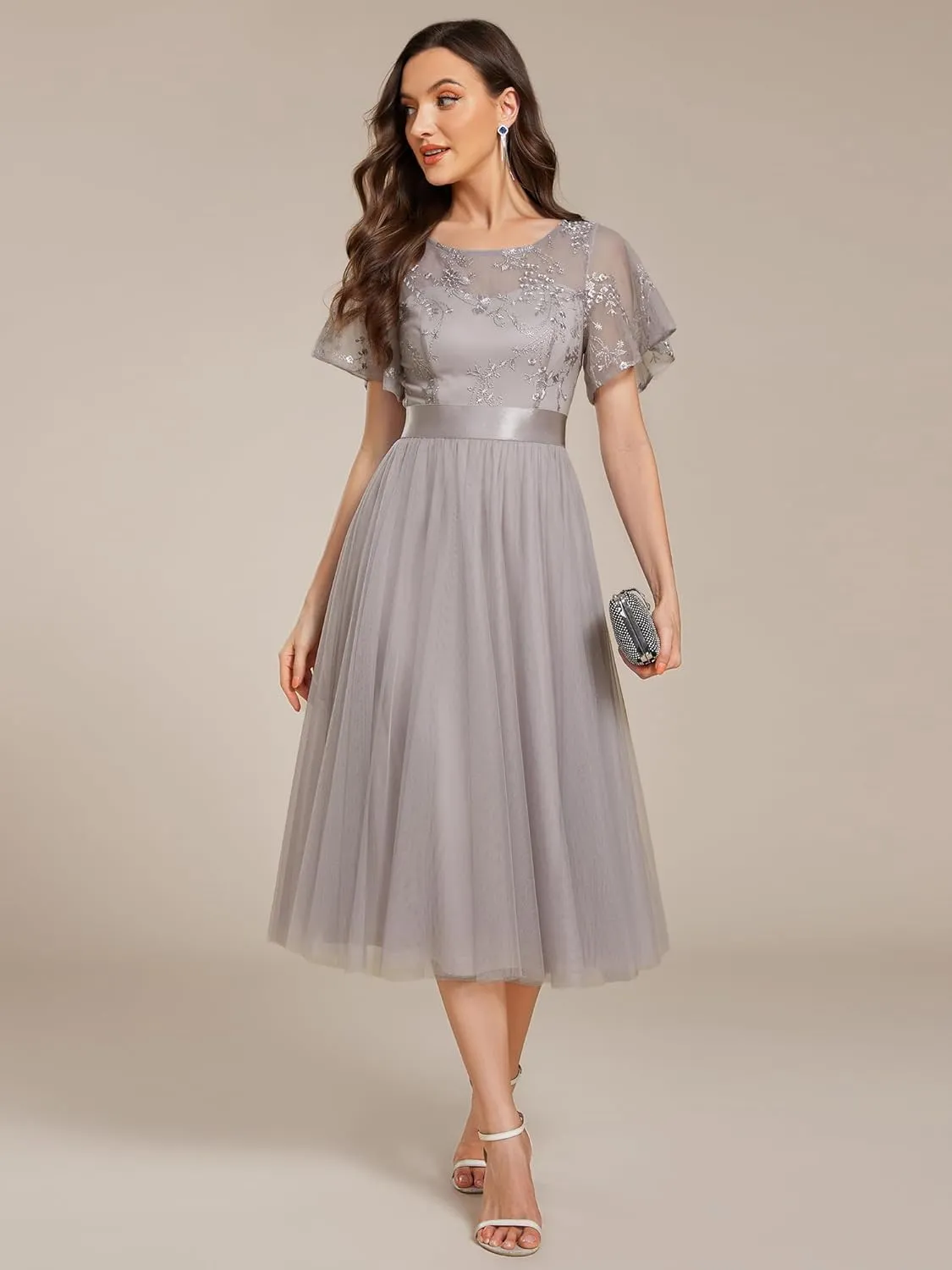 Ever-Pretty Women's Round Neck Lace Embroidered Short Sleeve A Line Tea-Length Cocktail Dress 02293