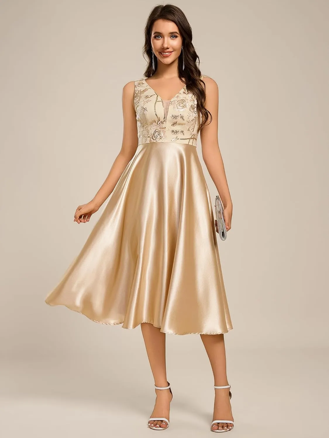 Ever-Pretty Women's Satin Sequin Appliques A Line Midi Length Wedding Guest Dress with Pockets 02341