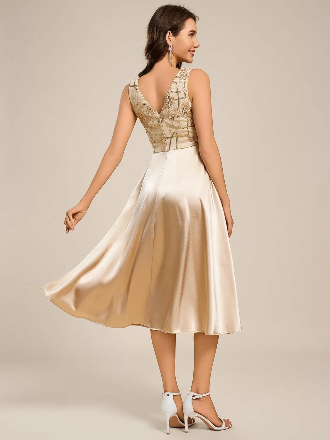 Ever-Pretty Women's Satin Sequin Appliques A Line Midi Length Wedding Guest Dress with Pockets 02341