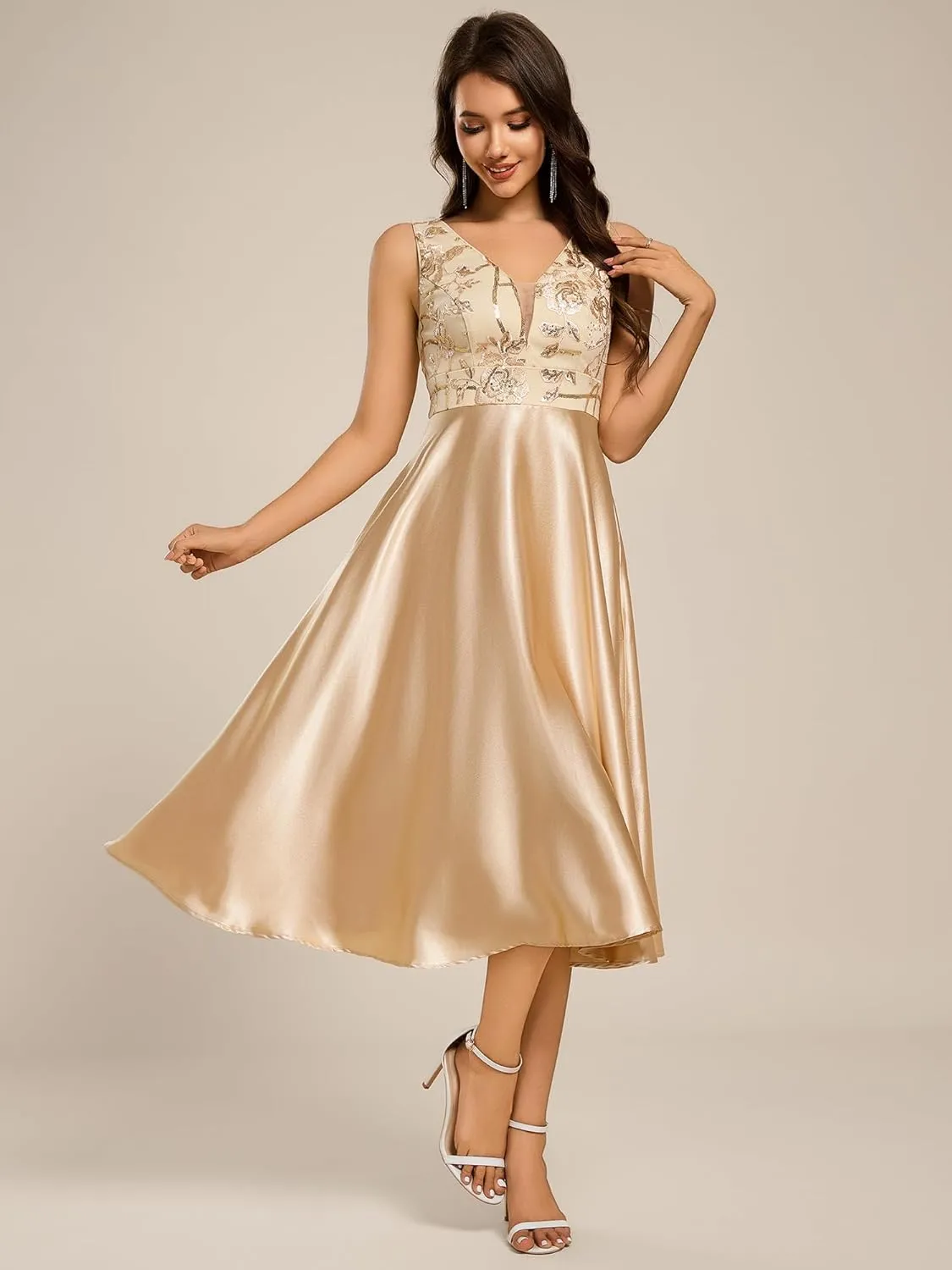 Ever-Pretty Women's Satin Sequin Appliques A Line Midi Length Wedding Guest Dress with Pockets 02341