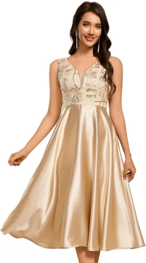 Ever-Pretty Women's Satin Sequin Appliques A Line Midi Length Wedding Guest Dress with Pockets 02341