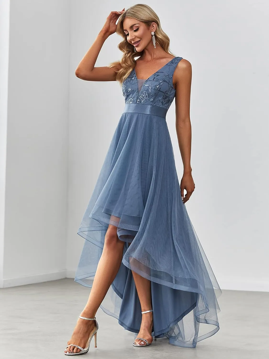 Ever-Pretty Women's V Neck Pleated Waist Short Sleeve Wedding Guest Dress Chiffon Bridesmaid Dresses 00793