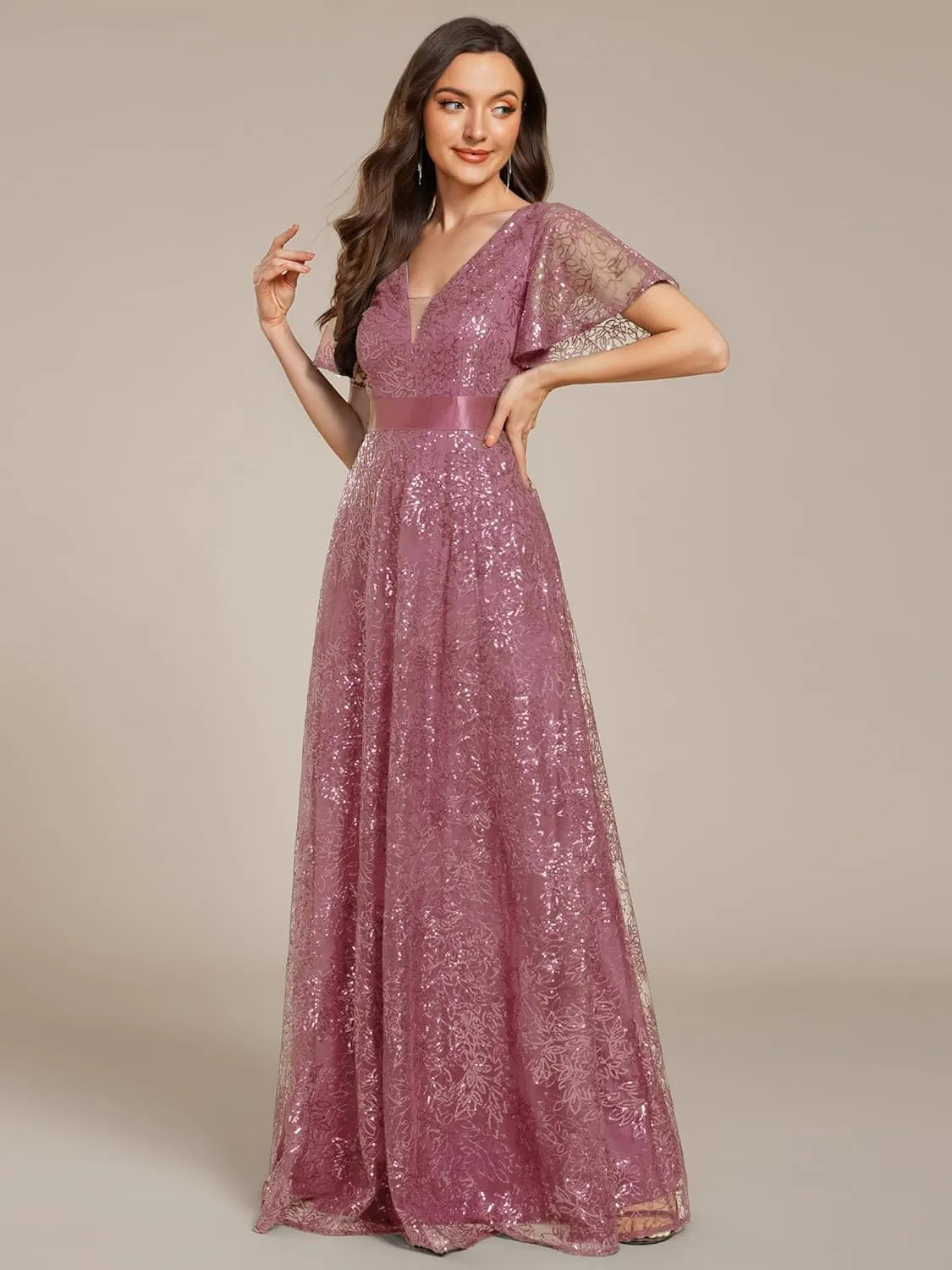 Ever-Pretty Women's V-Neck Sequin Embroidered Short Sleeve Floor-Length A-Line Empire Waist Evening Dresses 02314
