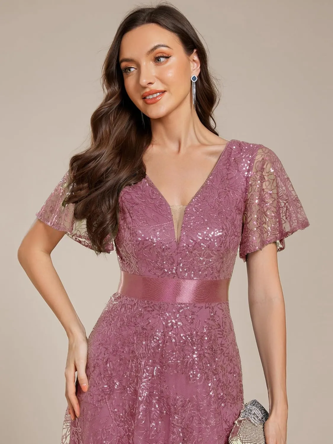 Ever-Pretty Women's V-Neck Sequin Embroidered Short Sleeve Floor-Length A-Line Empire Waist Evening Dresses 02314