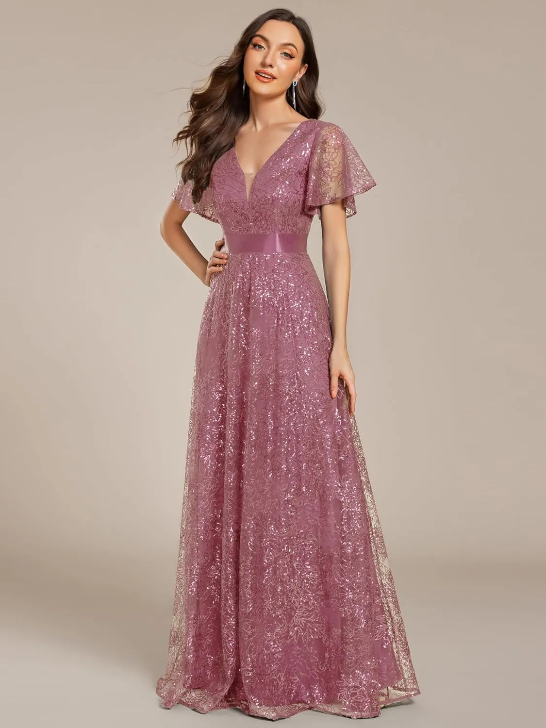 Ever-Pretty Women's V-Neck Sequin Embroidered Short Sleeve Floor-Length A-Line Empire Waist Evening Dresses 02314