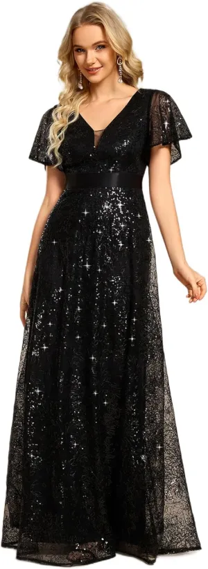 Ever-Pretty Women's V-Neck Sequin Embroidered Short Sleeve Floor-Length A-Line Empire Waist Evening Dresses 02314