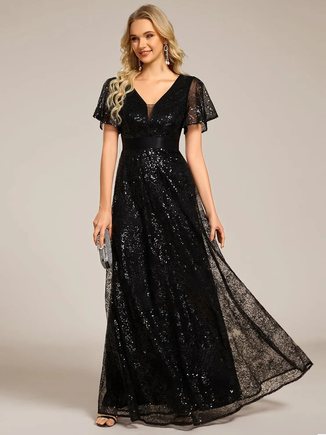 Ever-Pretty Women's V-Neck Sequin Embroidered Short Sleeve Floor-Length A-Line Empire Waist Evening Dresses 02314